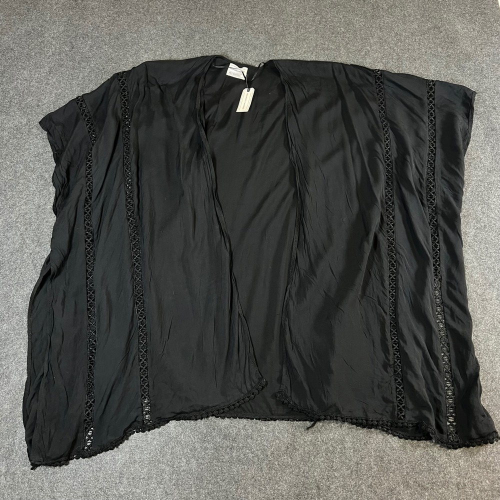 Melrose and Market Black Lace Trim Pom Pom Hem Kimono Wrap One Size NEW